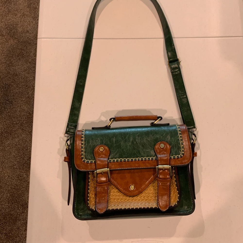 Jewel-tone emerald green and brown leather purse